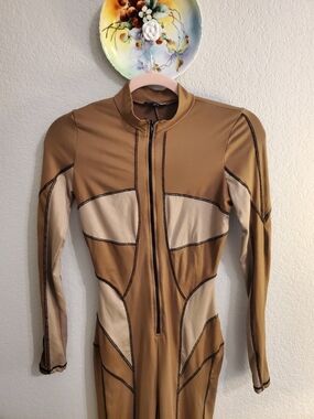 Fashion Nova Tan and Cream Long-Sleeve Jumpsuit